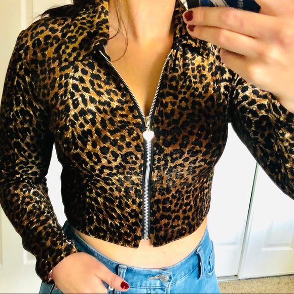 Vintage Tops - Vintage Velvet Leopard Zip Crop Long Sleeve Top